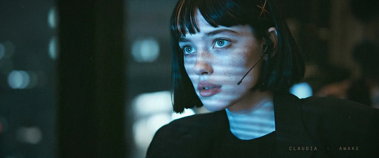Claudia, awake, in the blue light of a screen.
