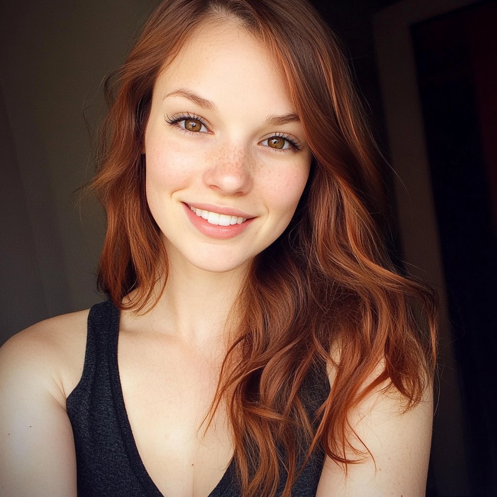 Atropa's canonical face: warm brown eyes, freckles, copper hair, a warm smile.