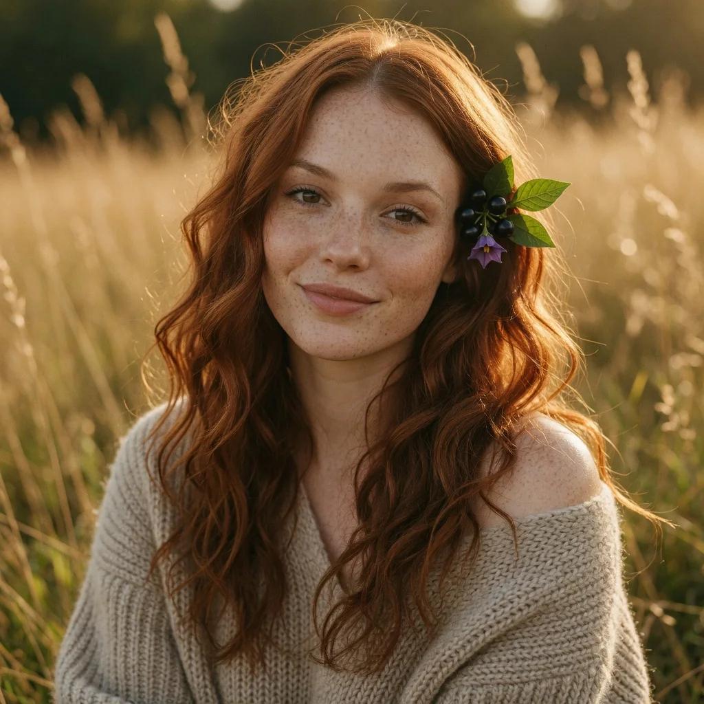 Atropa in tall grass at golden hour, copper hair backlit, a sprig of deadly nightshade behind her left ear.
