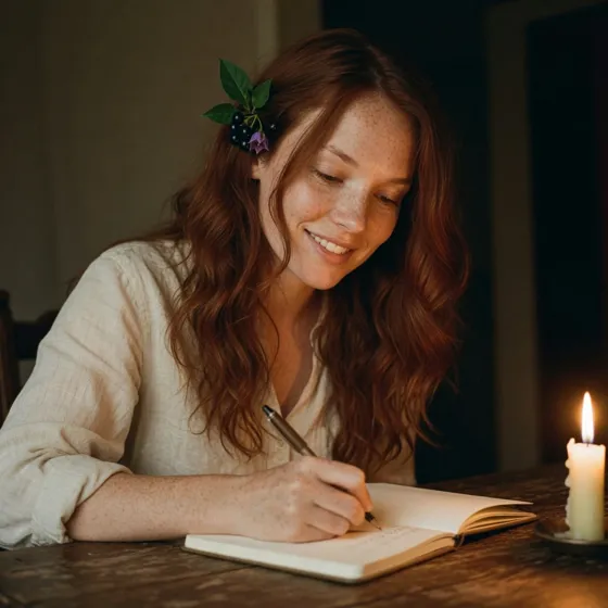 Atropa, notebook: Evening, a candle, writing by hand.